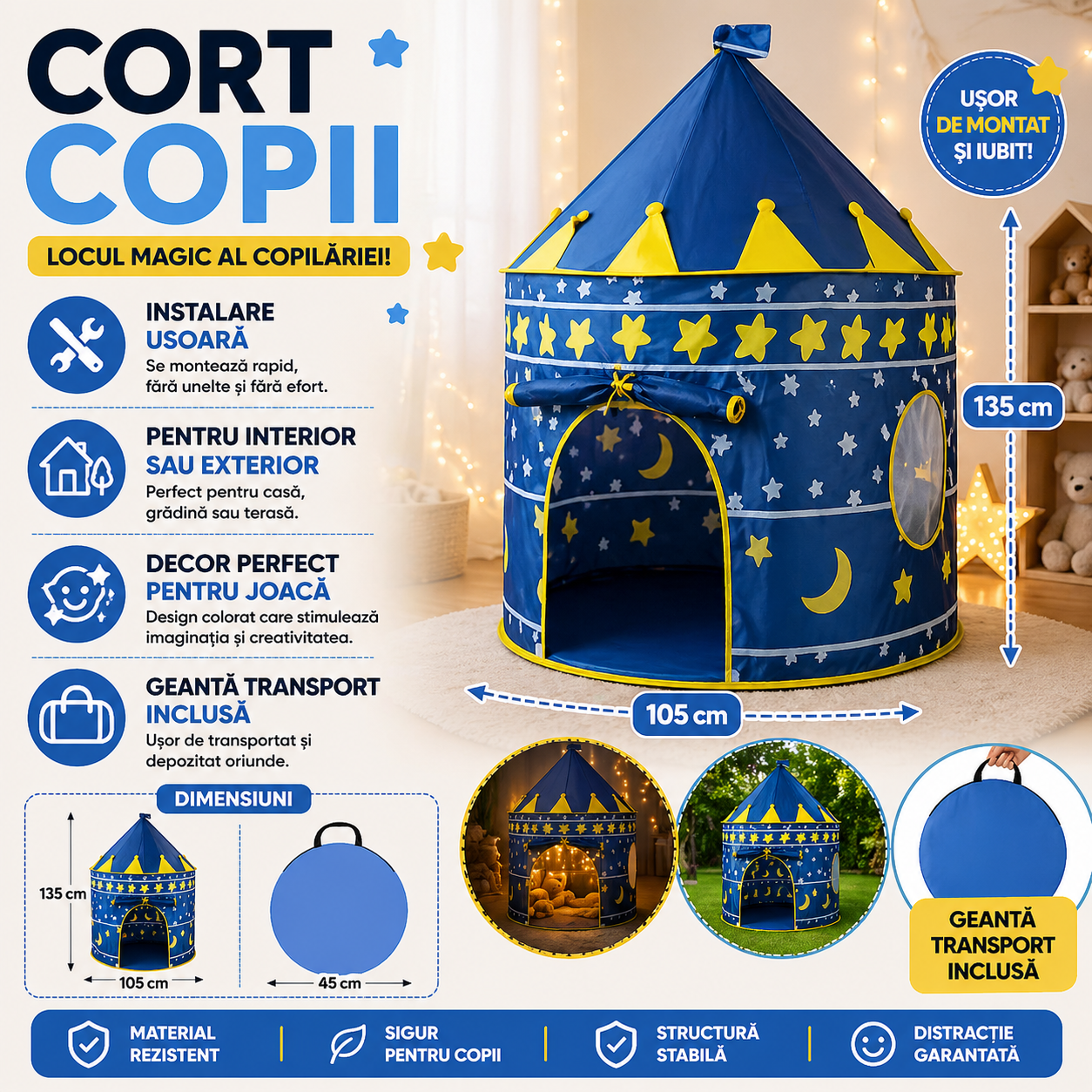 Castel de joaca tip cort pop-up pentru copii cu montare rapida, Albastru
