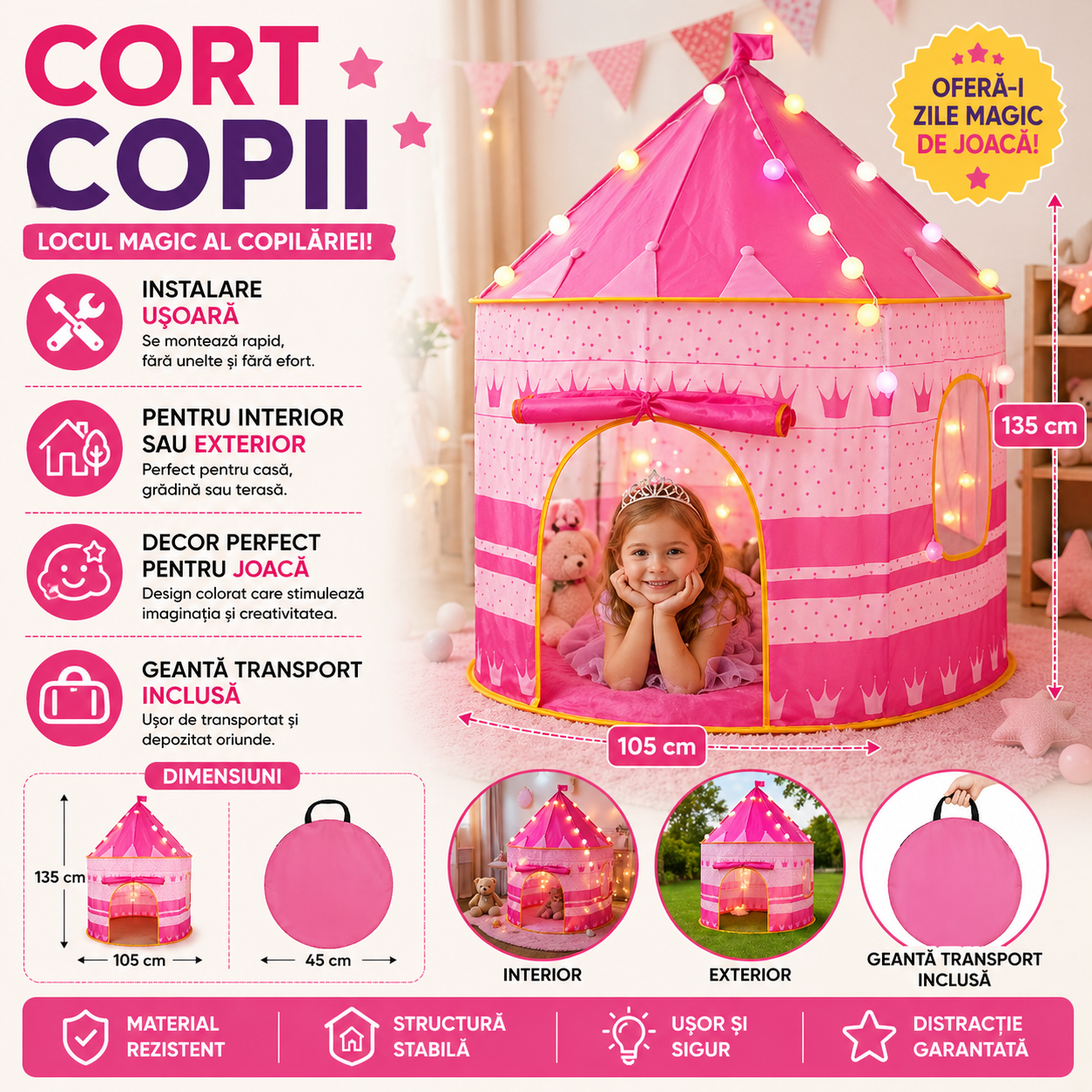 Castel de joaca tip cort pop-up "Princess" pentru copii cu montare rapida, Roz