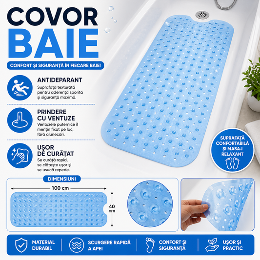 Covoras antiderapant pentru cada si baie, Prindere cu ventuze, Albastru transparent, 100 x 40 cm