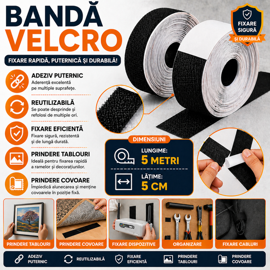 Banda velcro adeziva, Banda cu scai si adeziv, Reutilizabila, Latime 5 cm, Lungime 5 m