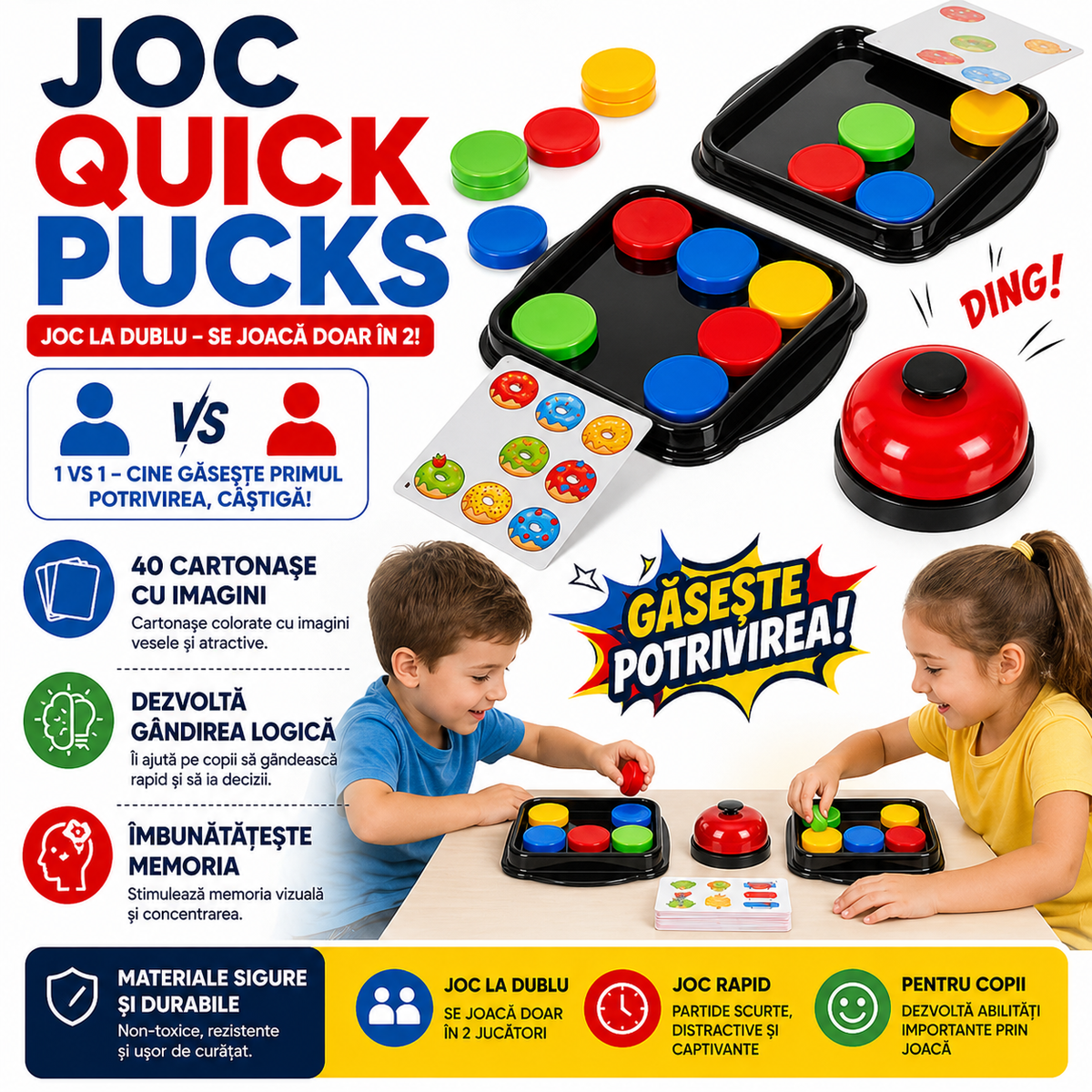Joc de inteligenta Quick Pucks, 16 discuri, 40 cartonase cu imagini, clopot, 5.2 x 3.2 x 1.5 cm