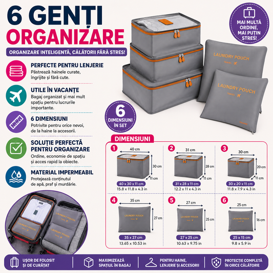 Set 6 genti pentru organizare bagaj, Poliester, Impermeabil