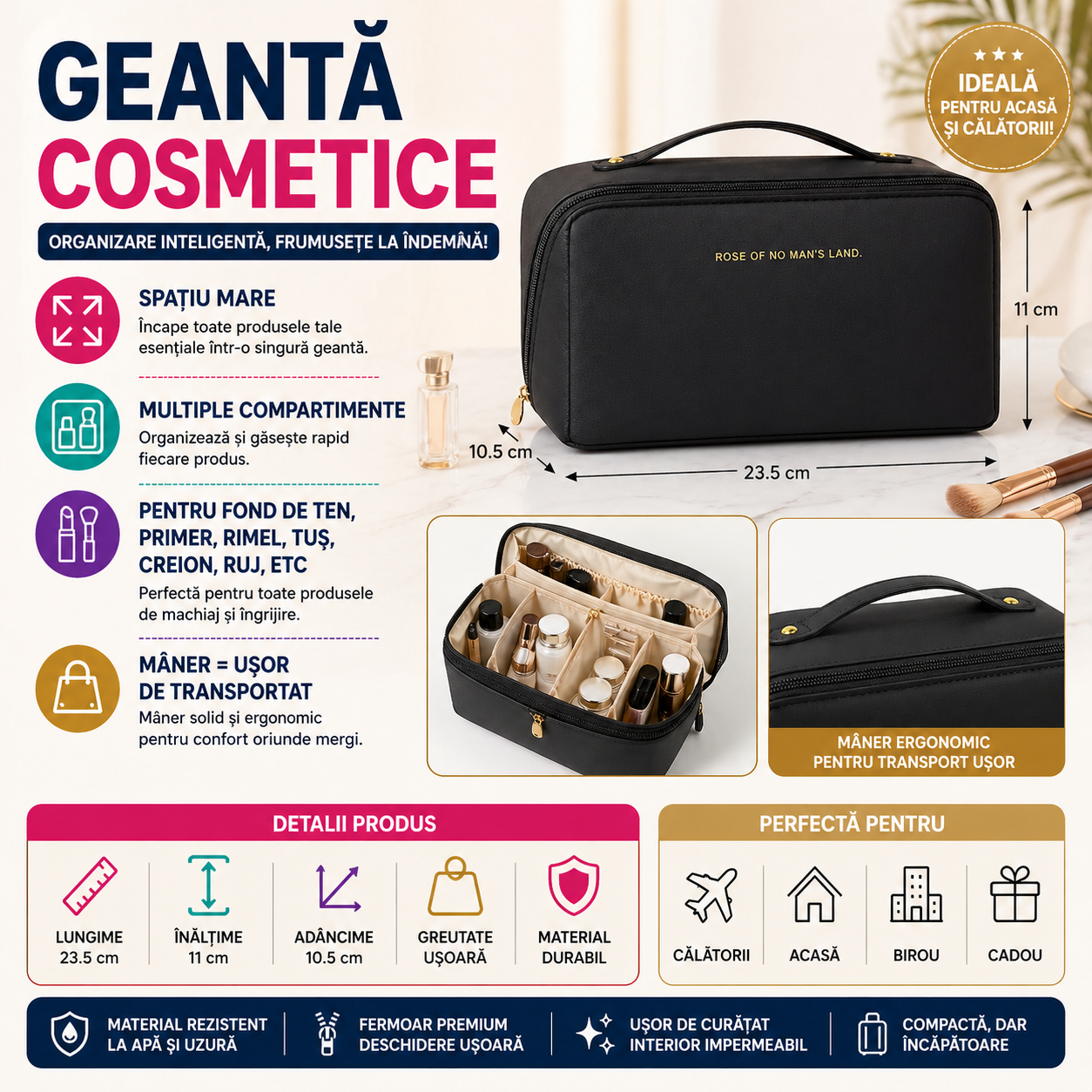 Geanta cosmetice si parfumuri, cu maner, ideal geanta bagaj, Negru
