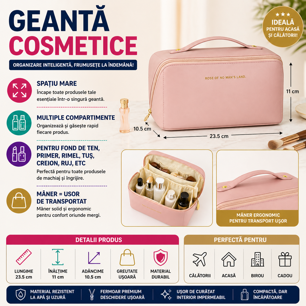 Geanta cosmetice si parfumuri, cu maner, ideal geanta bagaj, Roz