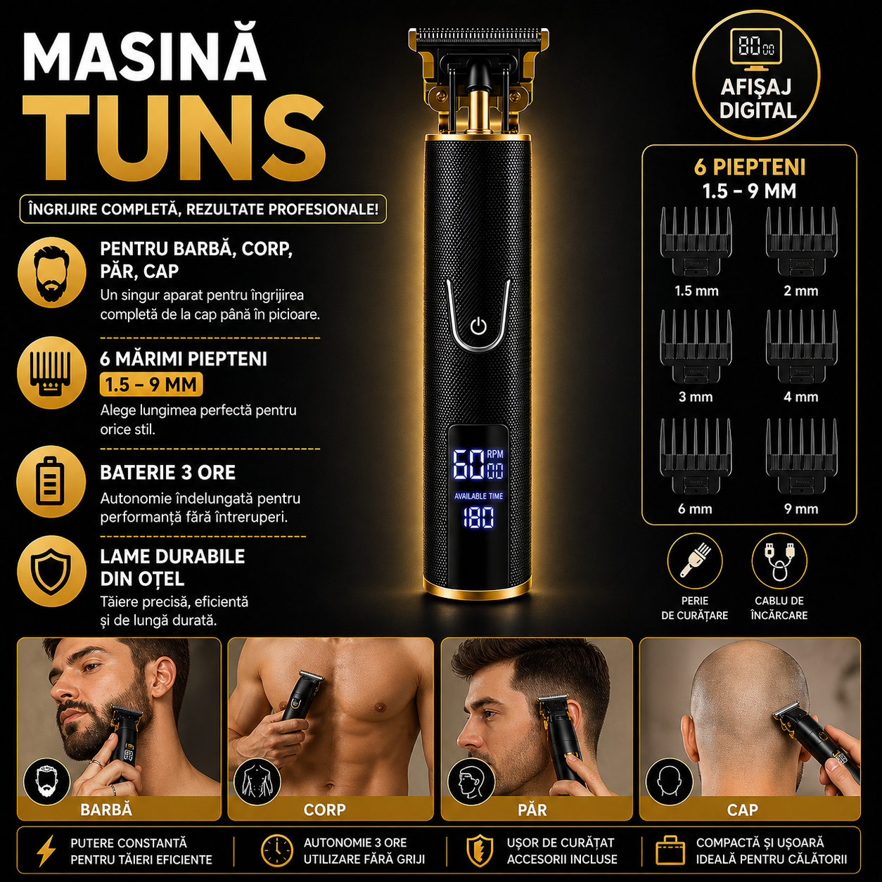 Masina Profesionala de Tuns Barba Si Contur, Fara Fir, Marimi Reglabile, Lama Inox, Negru