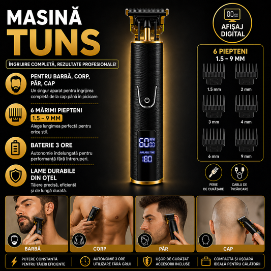 Masina Profesionala de Tuns Barba Si Contur, Fara Fir, Marimi Reglabile, Lama Inox, Negru