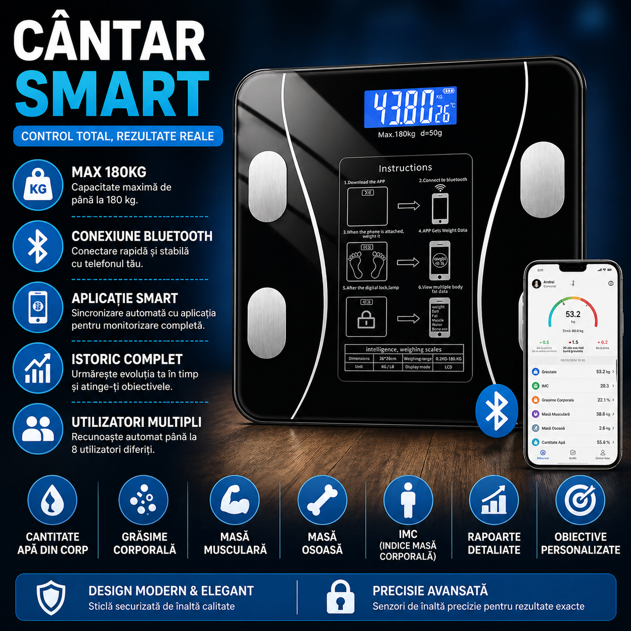 Cantar corporal inteligent, cu diagnostic si termometru, USB, Bluetooth, App pentru fitness, din sticla securizata, LCD, Negru