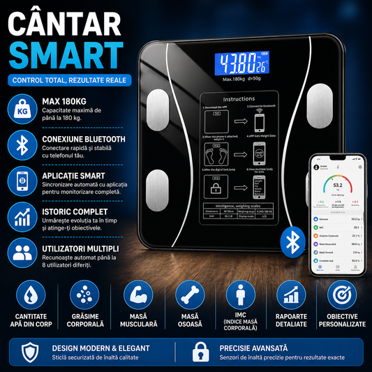 Cantar corporal inteligent, cu diagnostic si termometru, USB, Bluetooth, App pentru fitness, din sticla securizata, LCD, Negru