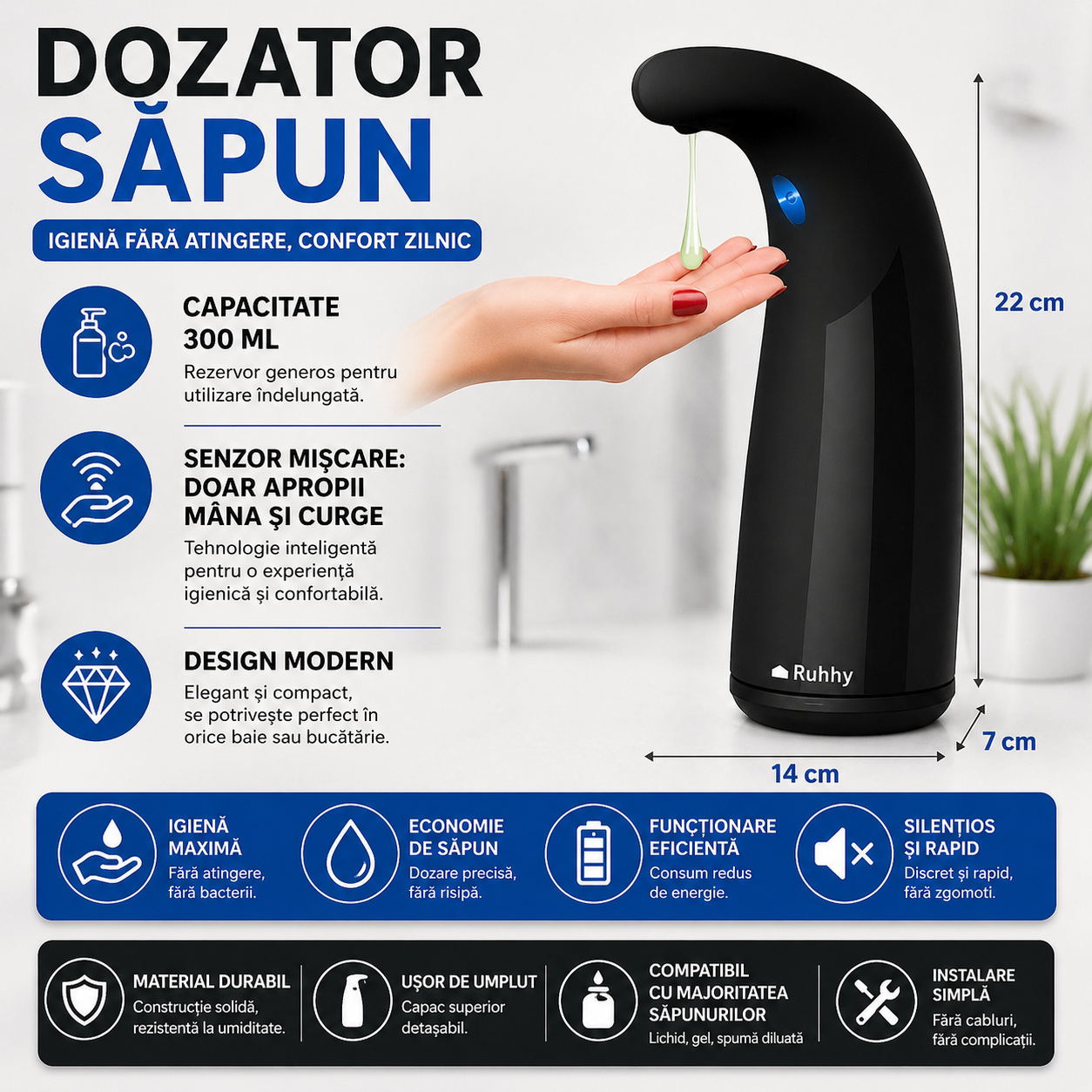 Dozator cu senzor pentru sapun lichid, 300 ml, rezistent la apa IPX7, negru, 22 x 14 x 7 cm