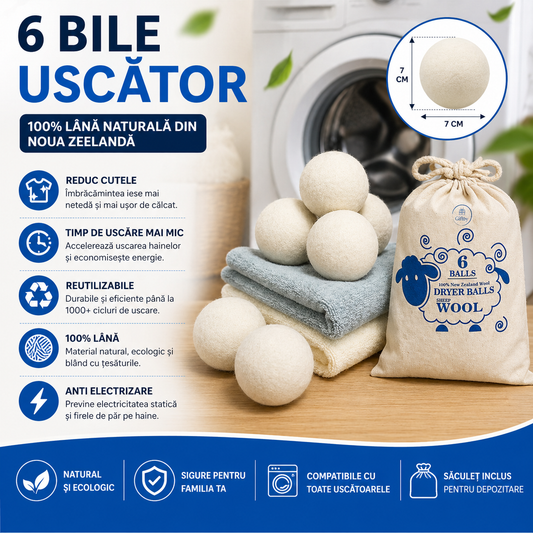 Set 6 Bile din Lana 100% pentru Uscator - Natural, Reutilizabil, Reduc Cutele de Imbracaminte, Economiseste Timpul de Uscare, Alternativa la Bilele de Plastic si Balsamul Lichid, Saculet Depozitare, Anti-electrizare, 6 cm, Alb