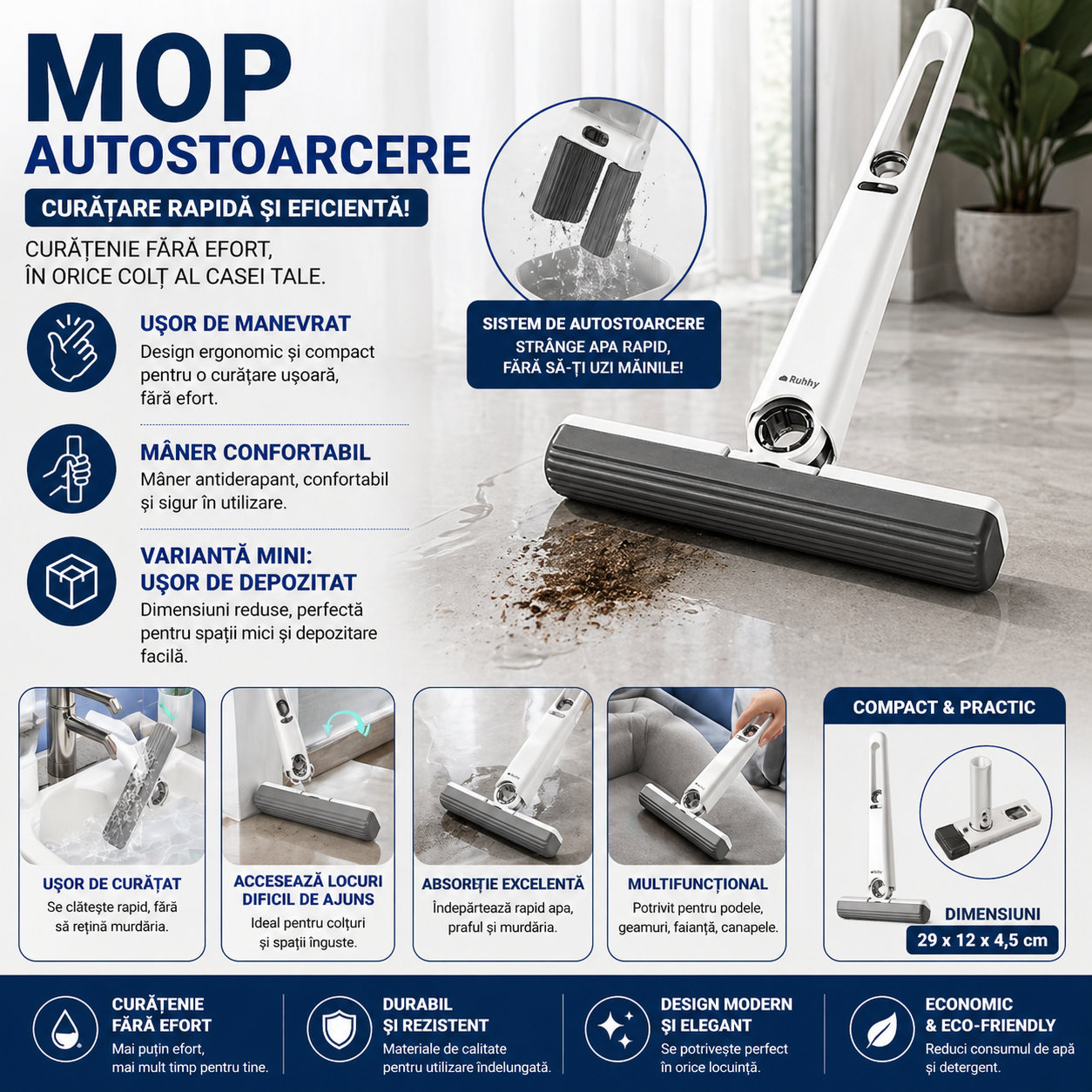Mini Mop Portabil Pentru Diferite Suprafete Si Geamuri, Sistem Autostoarcere, Alb