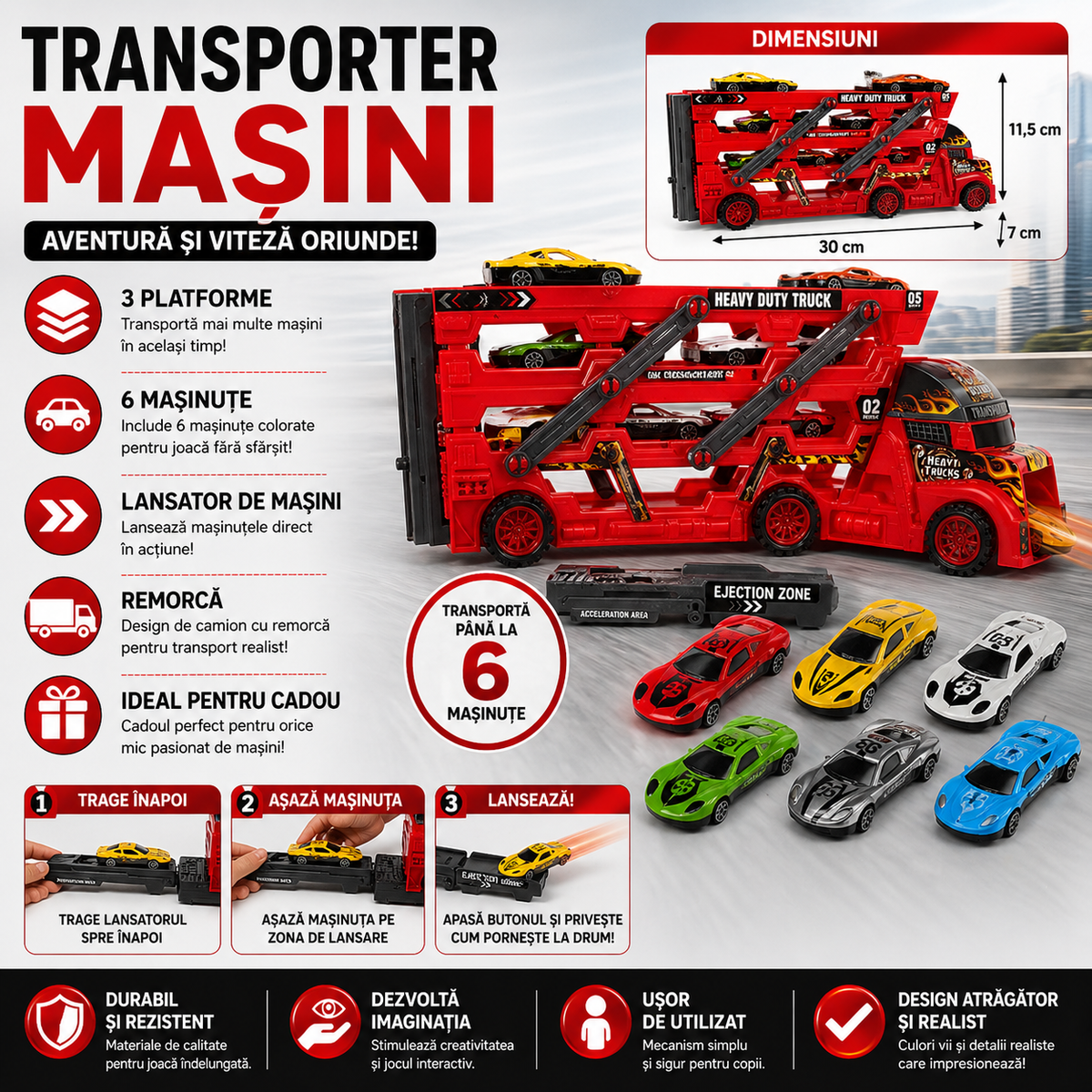 Set de joaca, Camion cu Masinute, Mega transportator de 6 masini, Echipament cu 3 platforme, 30x11.5x7 cm