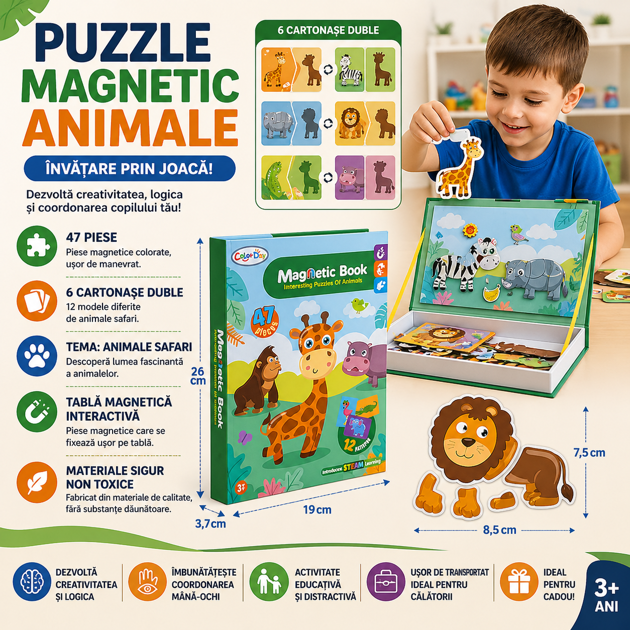 Carte tip Puzzle Magnetic , Set 47 magneti, 6 Cartonase Duble, Tema Animale