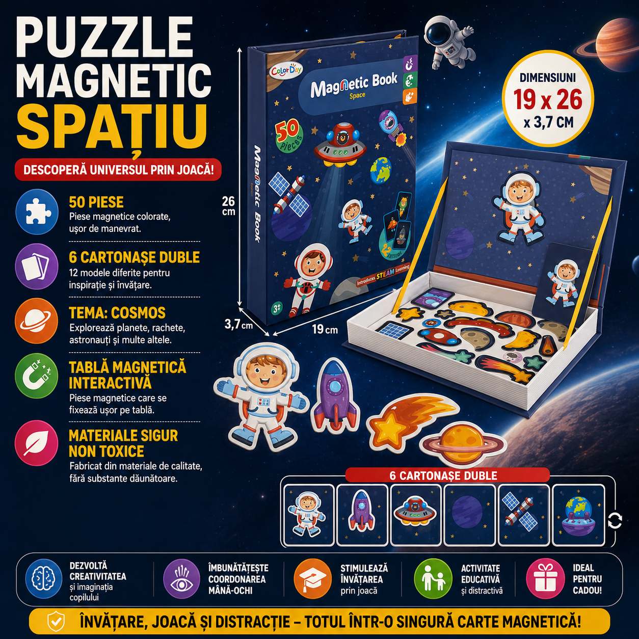 Carte tip Puzzle Magnetic , Set 50 magneti, 6 Cartonase Duble, Tema cosmos
