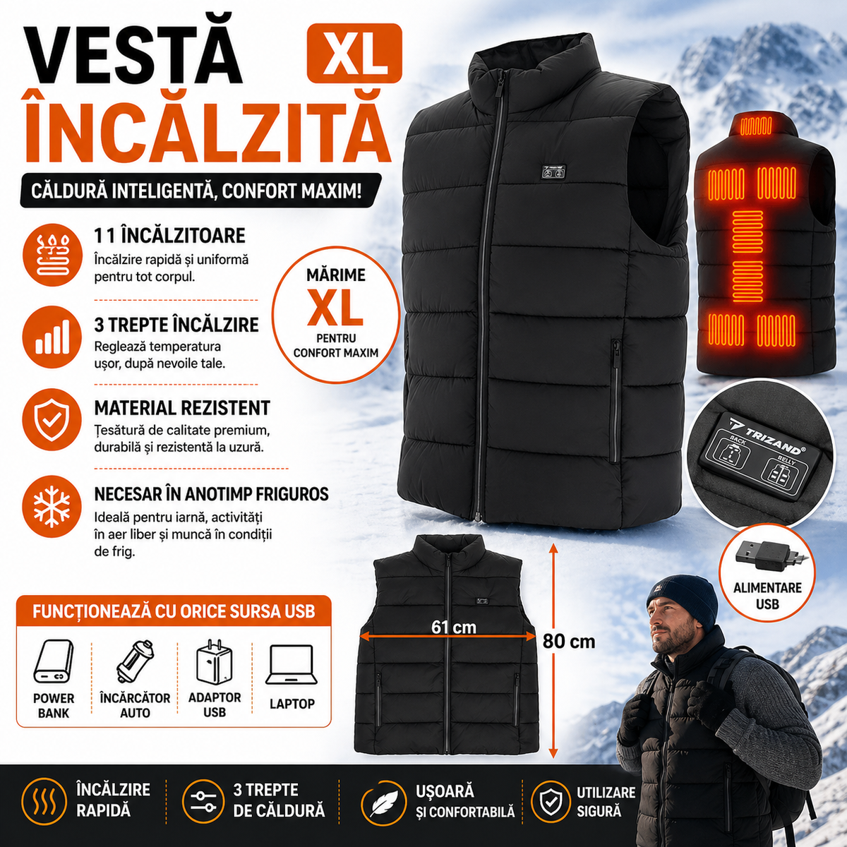 Vesta incalzita cu 3 setari de caldura, 11 incalzitoare si conexiune USB la baterie externa, Unisex, Marime XL, Negru