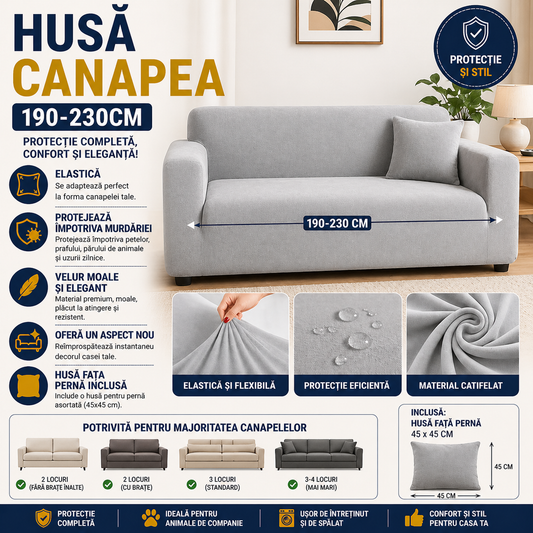 Husă elastică din catifea pentru canapea 190-230 cm + față de pernă