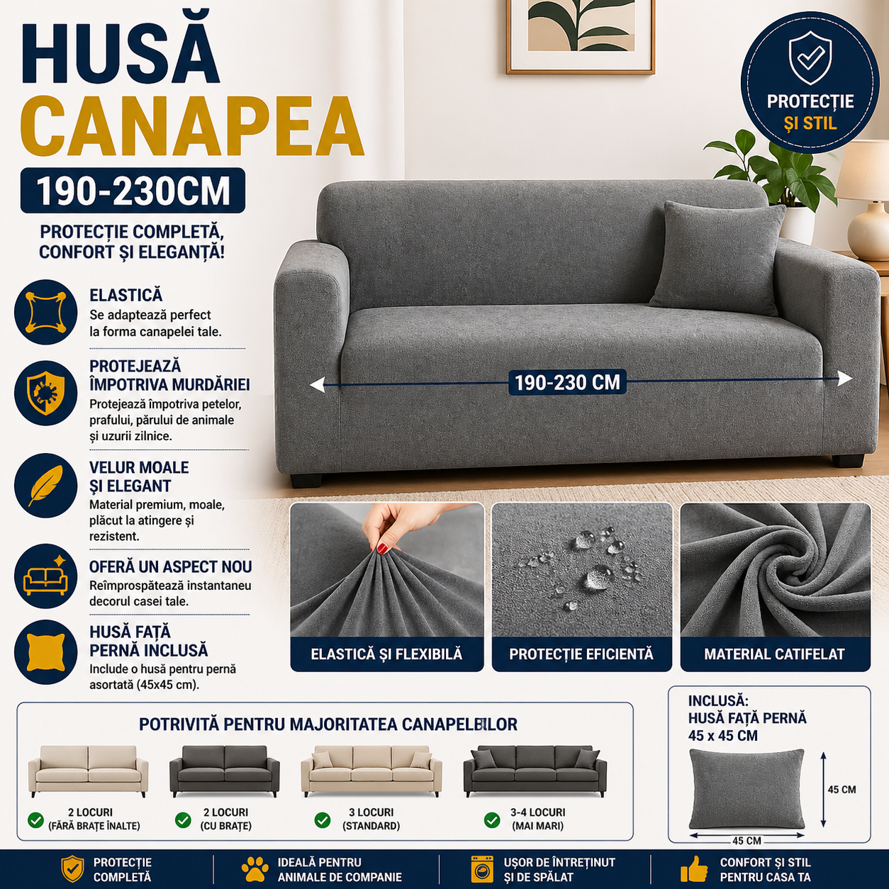 Husă elastică din catifea pentru canapea 190-230 cm, Impermeabila + față de pernă