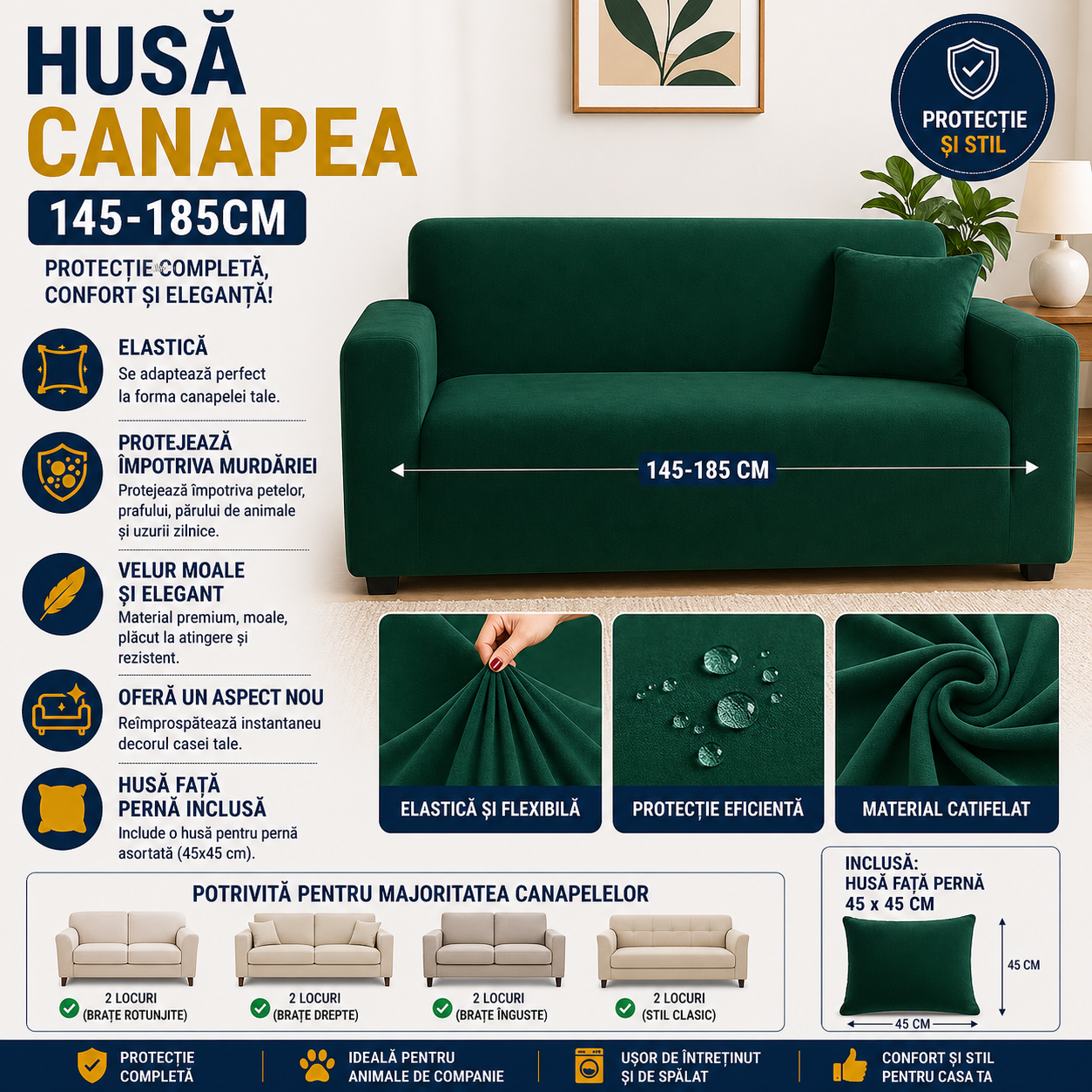Husă elastică din catifea pentru canapea 145-185 cm, Impermeabila + față de pernă