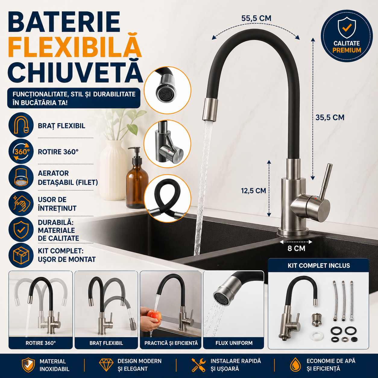 Baterie flexibila pentru chiuveta bucatarie, Rotire 360 grade, Inaltime reglabila, Silicon, Otel, PVC