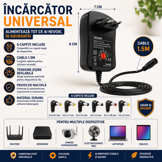 Incarcator universal 30W, 6 capete interschimbabile, 150cm cablu, 3V-12V, USB