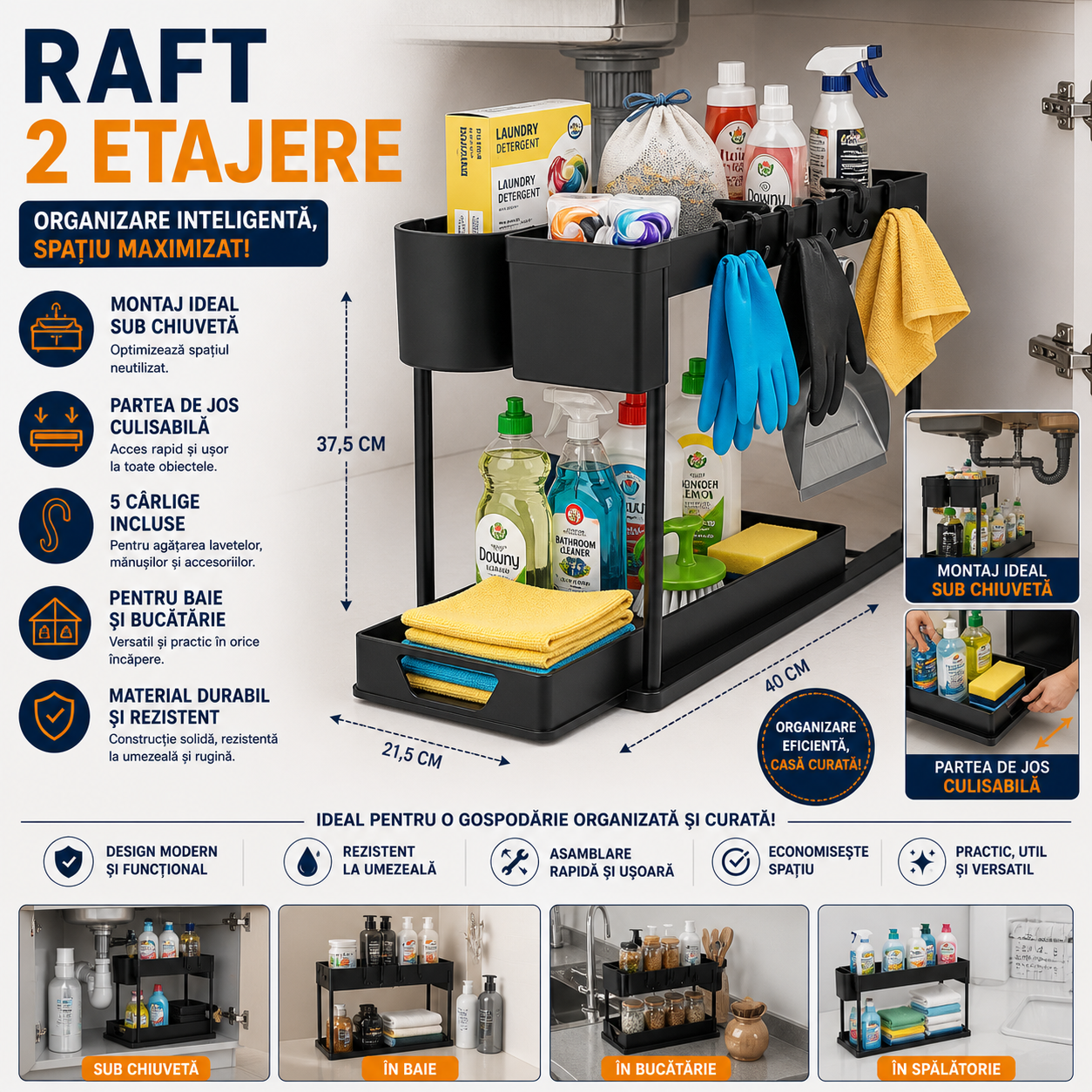 Raft organizator, 2 niveluri, extensibil, 5 cârlige, negru, 40x21.5x37.5cm