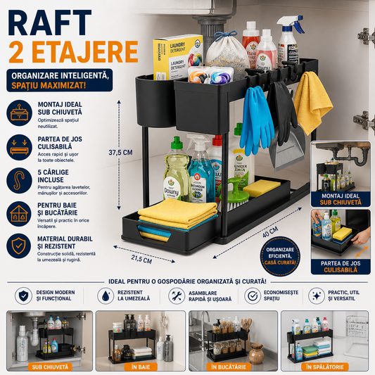 Raft organizator, 2 niveluri, extensibil, 5 cârlige, negru, 40x21.5x37.5cm