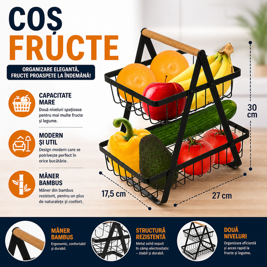 Cos pentru Fructe, cu doua etajere, servire, decor, din metal, maner din lemn, rezistenta ridicata, universal, aerisire ridicata