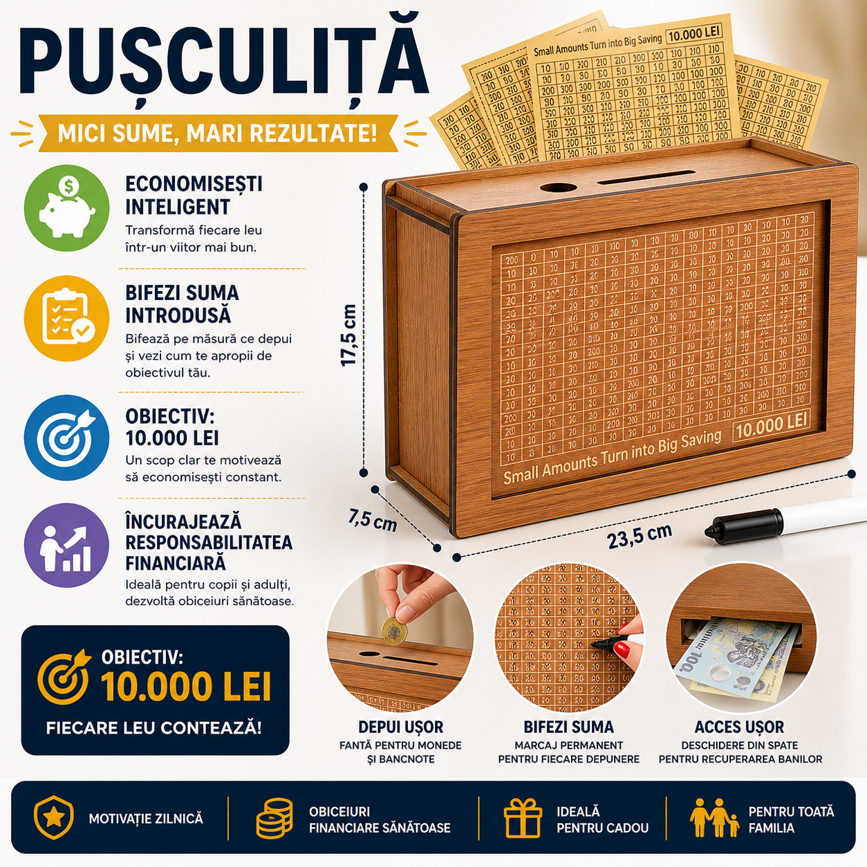 Pusculita, din lemn, Eleganta si Durabila, Sistem inteligent de economisire 10.000, Usor de configurat, Incurajeaza responsabilitatea financiara - COINSAVE