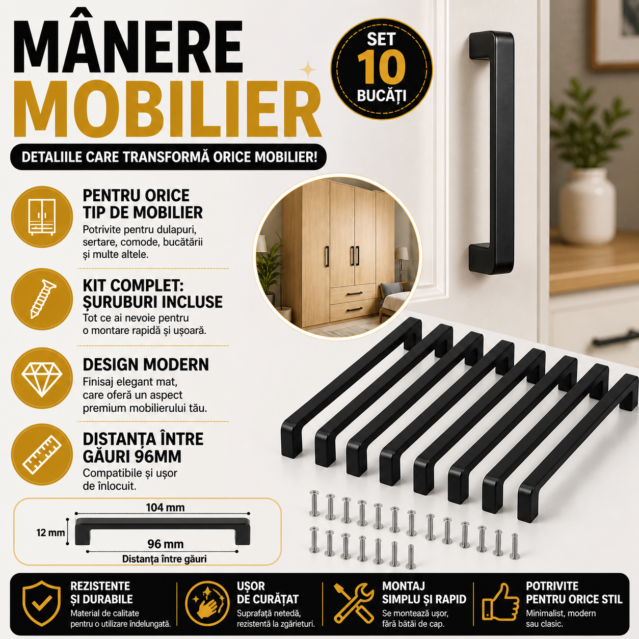 Manere mobilier 10 Buc, Aluminiu, Negru Mat, Distanta dintre orificii 9.6 cm