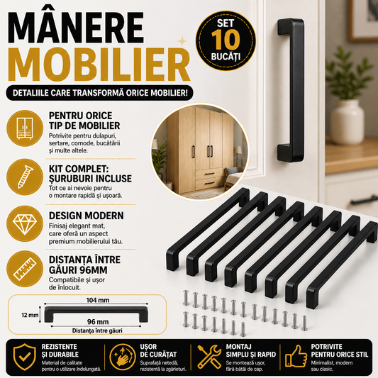 Manere mobilier 10 Buc, Aluminiu, Negru Mat, Distanta dintre orificii 9.6 cm