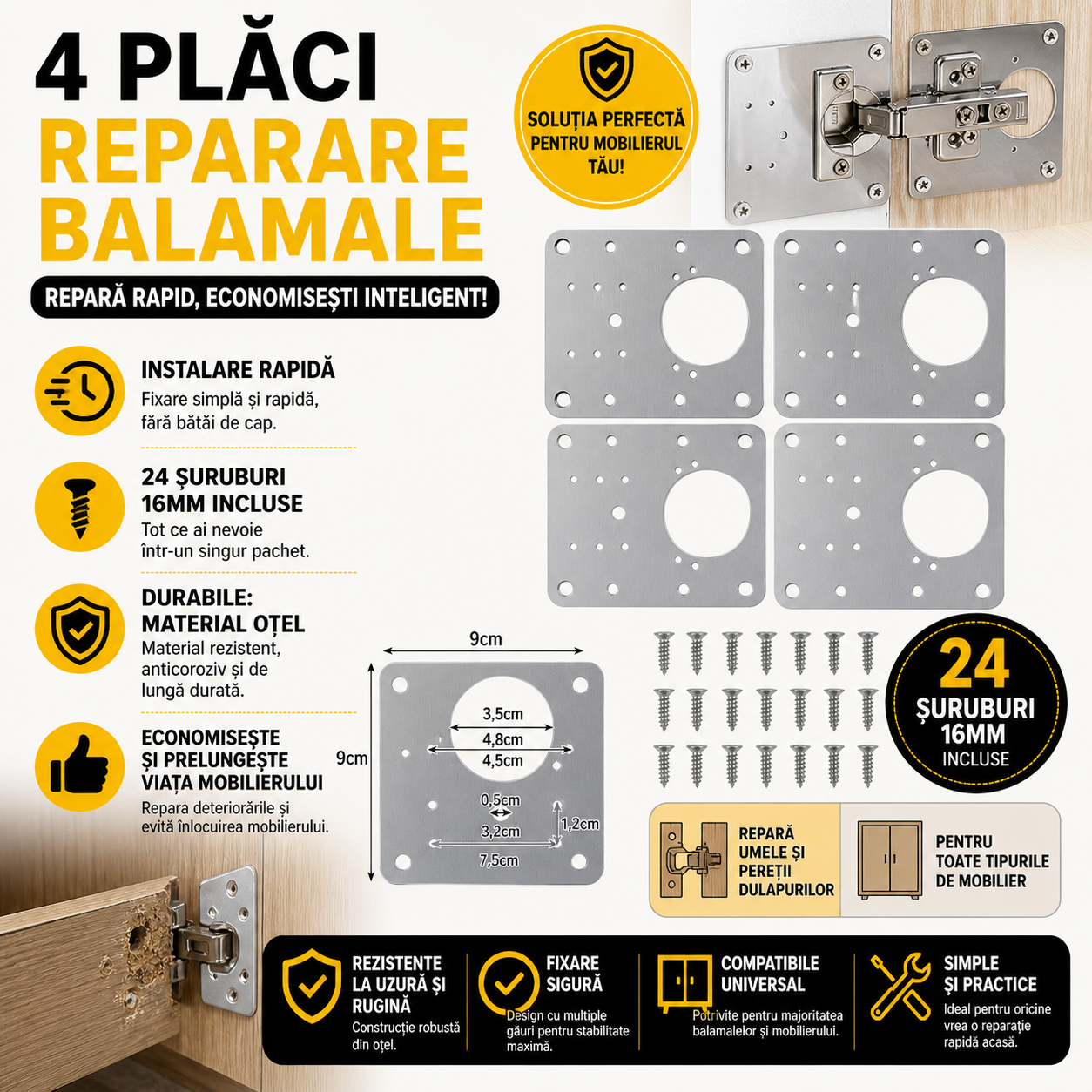 Set 4 bucati suporti de reparare balamale pentru dulap, Otel