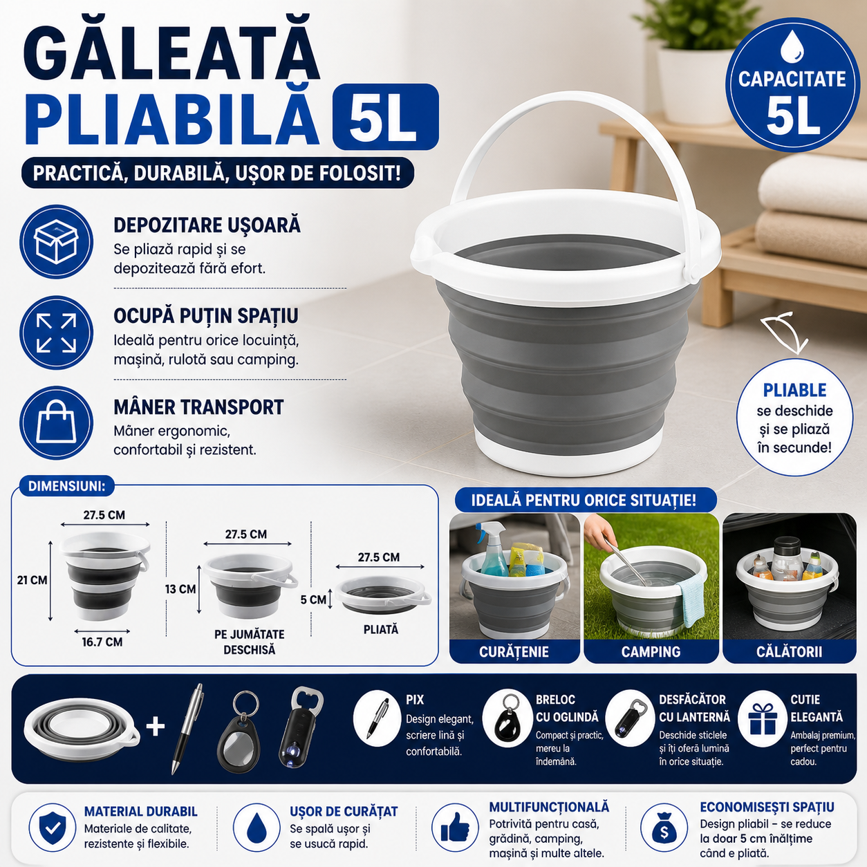 Galeata pliabila, cu maner, Marime M - 5 Litri