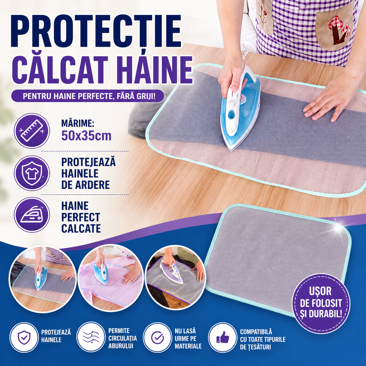 Plansa protectoare pentru calcat haine delicate cu orificii pentru trecerea aburilor, 35x50 cm