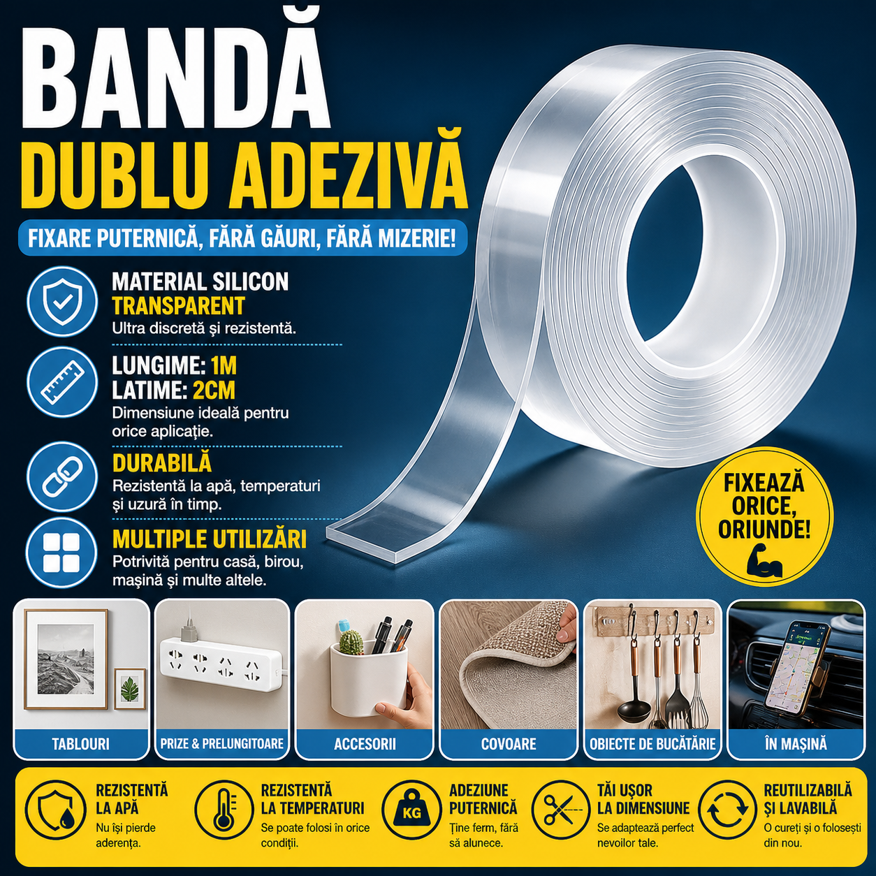 Banda dublu adeziva silicon, 20 mm x 1 m, SMART Nano Magic Tape