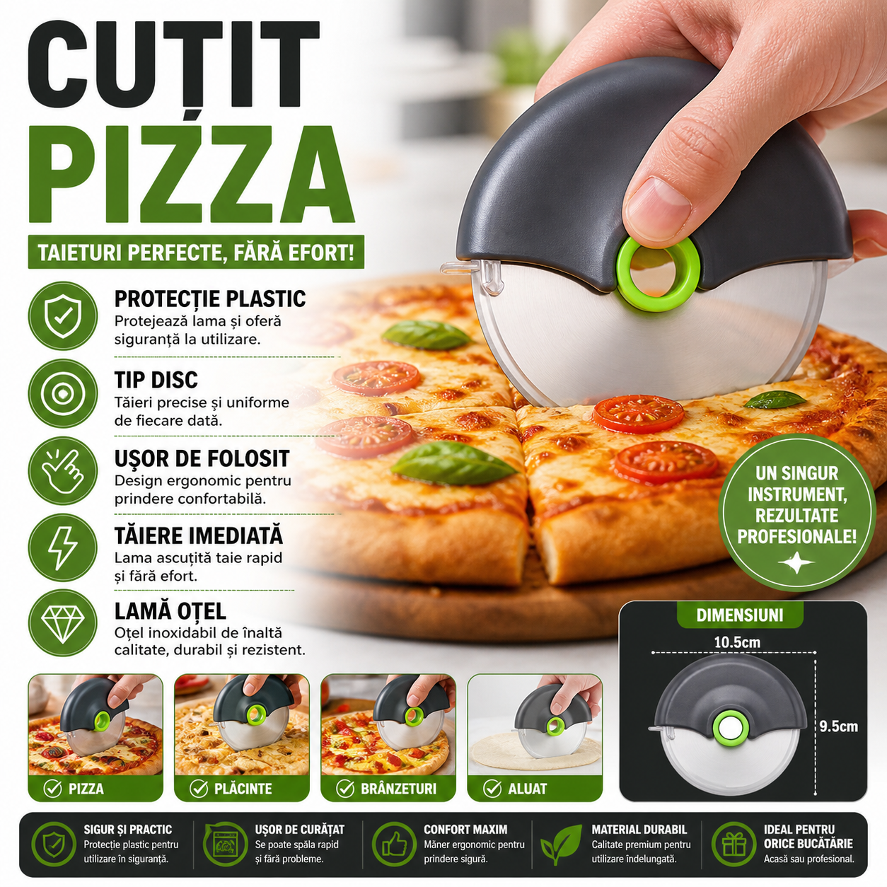 Cutit pentru taiat pizza, tip disc, cu protectie