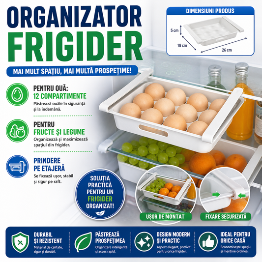 Cutie organizator pentru oua, legume, fructe, sistem prindere pe etajera