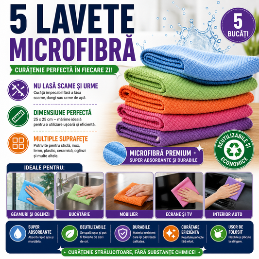 Lavete magice microfibra, Set 5 bucati, 25x25cm, Multicolor
