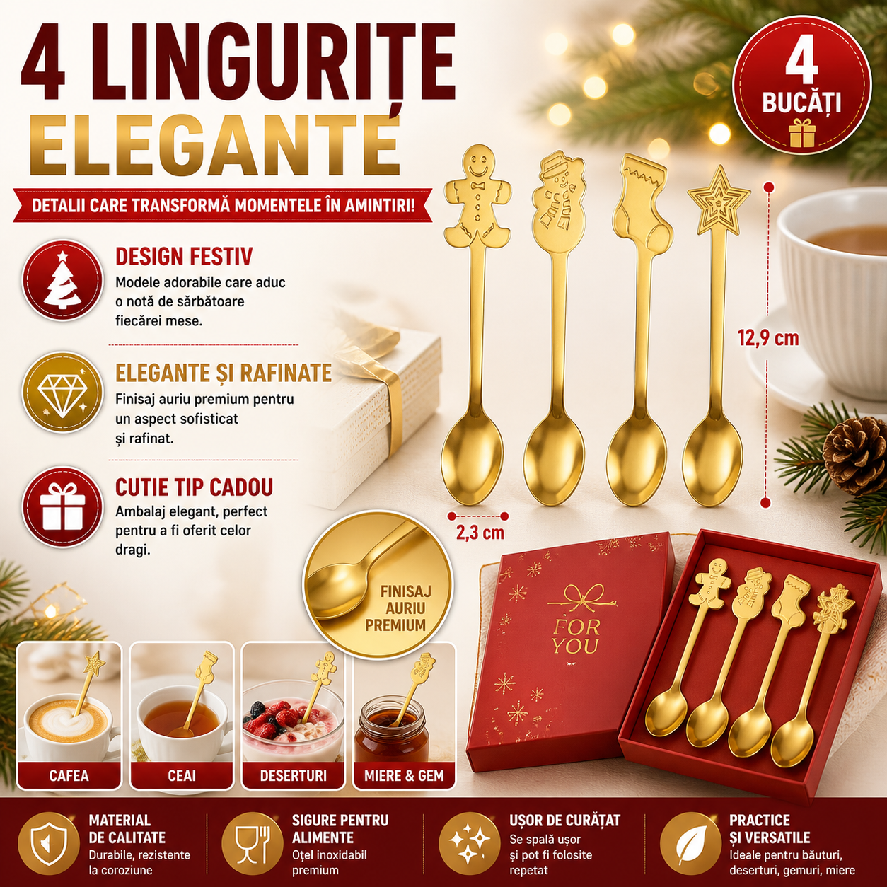 Set 4 lingurite, tematica de Craciun, Auriu