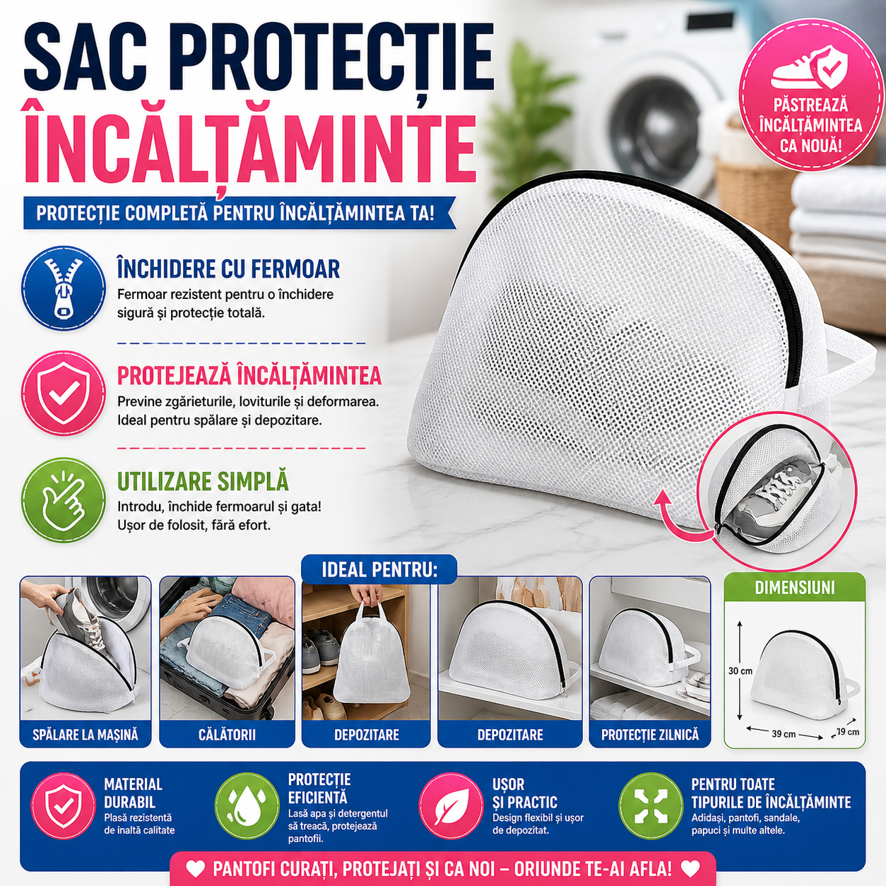 Sac pentru Spalat Incaltamintea, Protectie Incaltaminte si Masina de Spalat, Alb