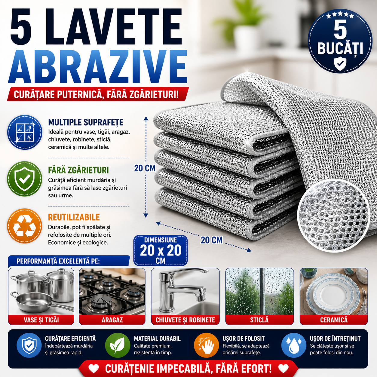 Lavete multifuncționale din microfibra metalica, 20x20cm, Set 5 buc