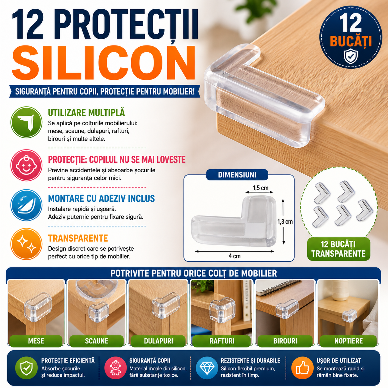 Set 12 Protectie de colt din silicon, transparent, 4x4cm