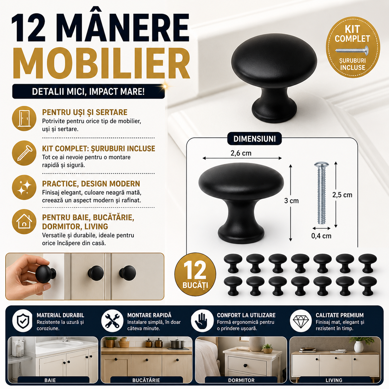 Set 10 manere pentru mobilier, Versatile, Pentru usi si sertare, Accesorii montare incluse, 3 x 2.6 cm, Negru mat