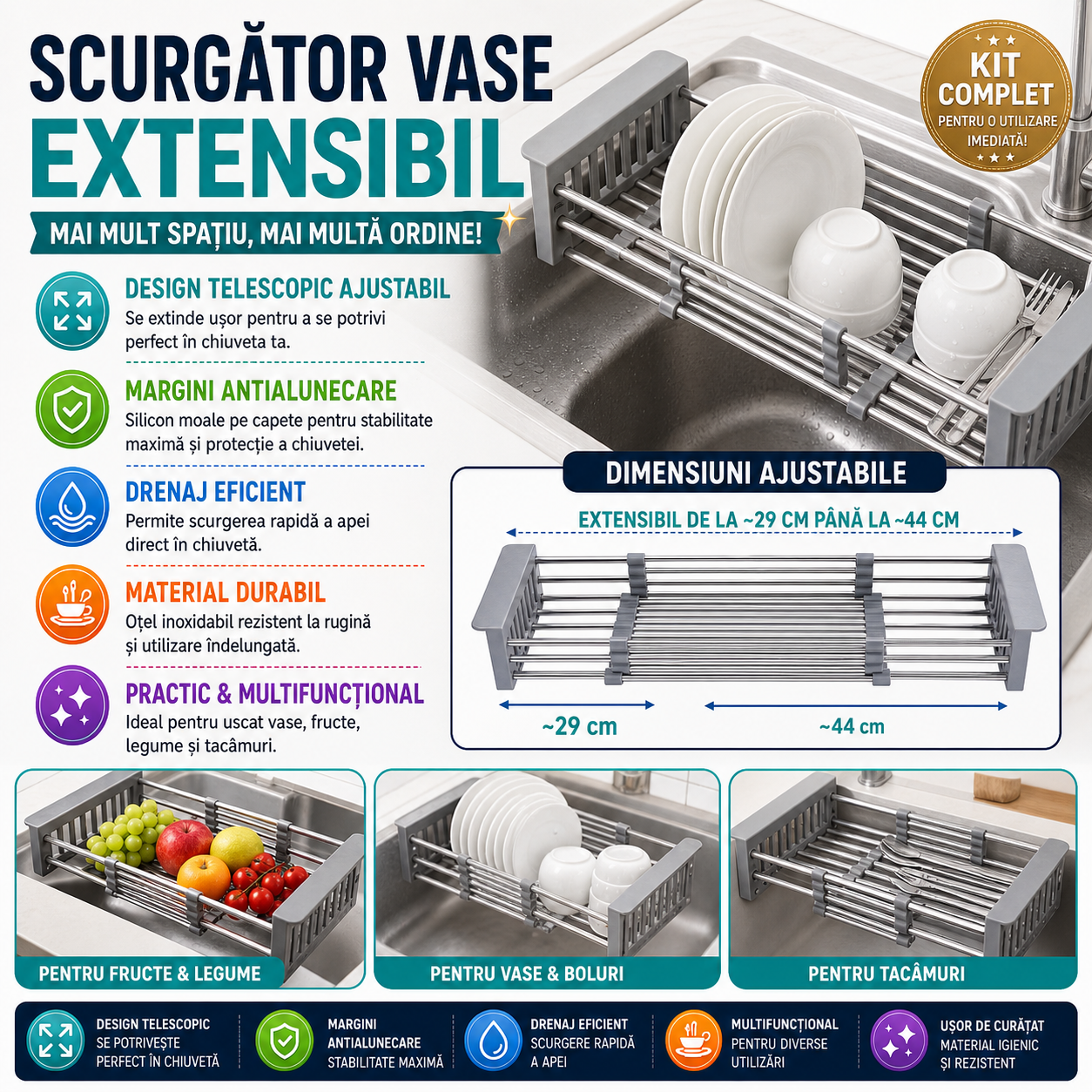 Scurgator vase extensibil pentru chiuveta multifunctional, tip cos, telescopic, otel inoxidabil/PVC