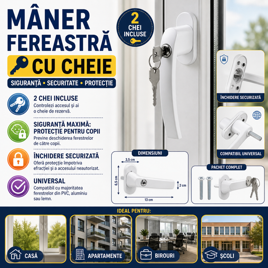 Maner fereastra cu incuietoare, model universal, inchidere securizata, 2 chei incluse, Alb