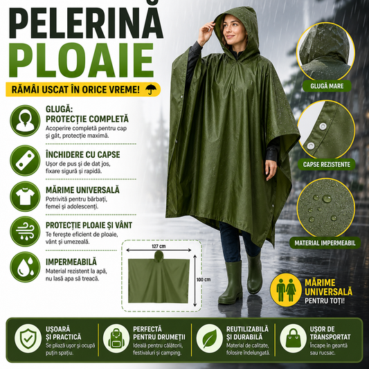 Pelerina de ploaie cu gluga, Impermeabila,  Verde, 127x100 cm, Marime Universala
