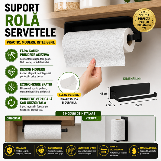 Suport rola prosoape de hartie buacatarie montat pe perete, Din otel inoxidabil, Suport pentru folie de plastic, Suport pentru agatat prosoape, 26 cm, Negru
