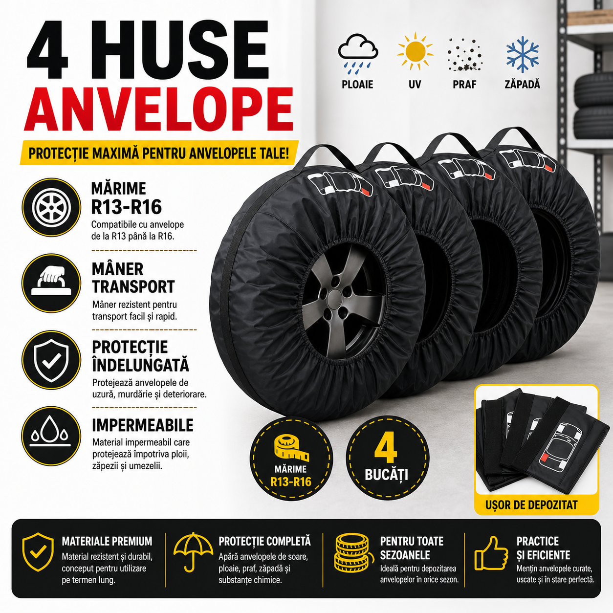 Set 4 huse pentru anvelope/cauciucuri, cu maner, impermeabil, pentru dimensiunea 13-16