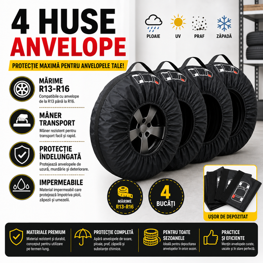 Set 4 huse pentru anvelope/cauciucuri, cu maner, impermeabil, pentru dimensiunea 13-16