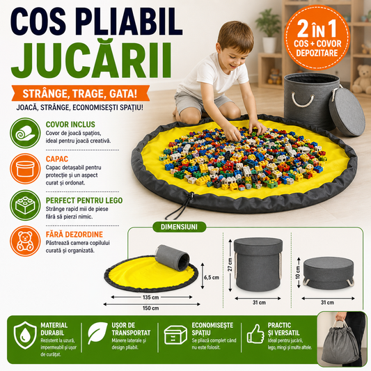 Cos pliabil pentru depozitare jucarii sau haine, Organizare Jucarii, Cu saltea de joc, Capac anti praf, 31 x 27 cm