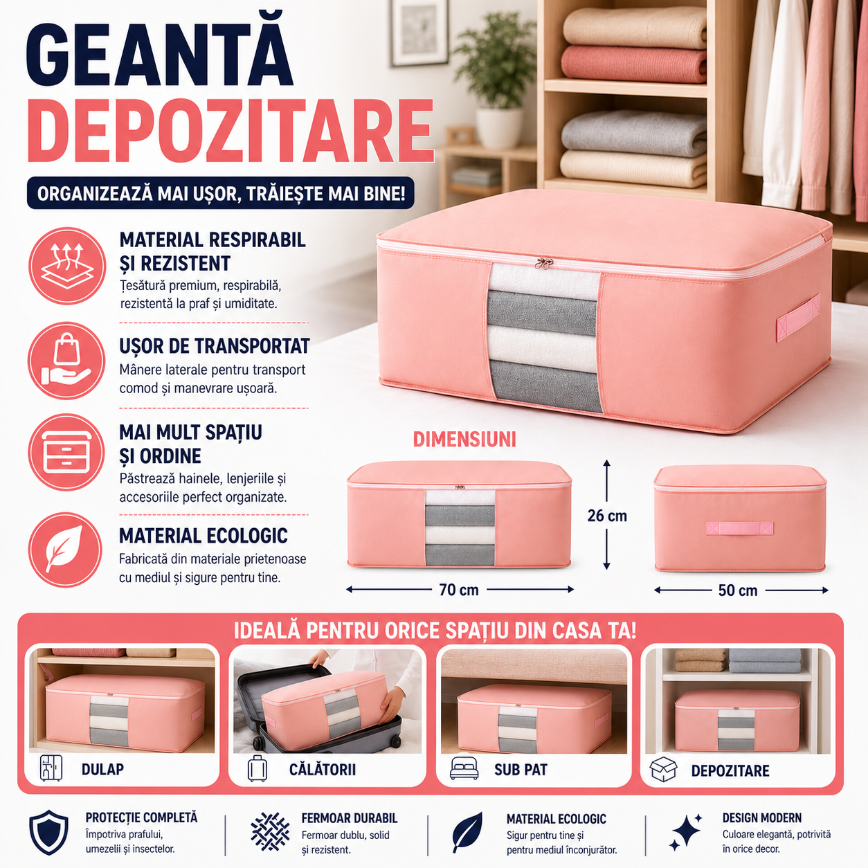 Geanta pentru depozitarea hainelor 70x50x26 cm